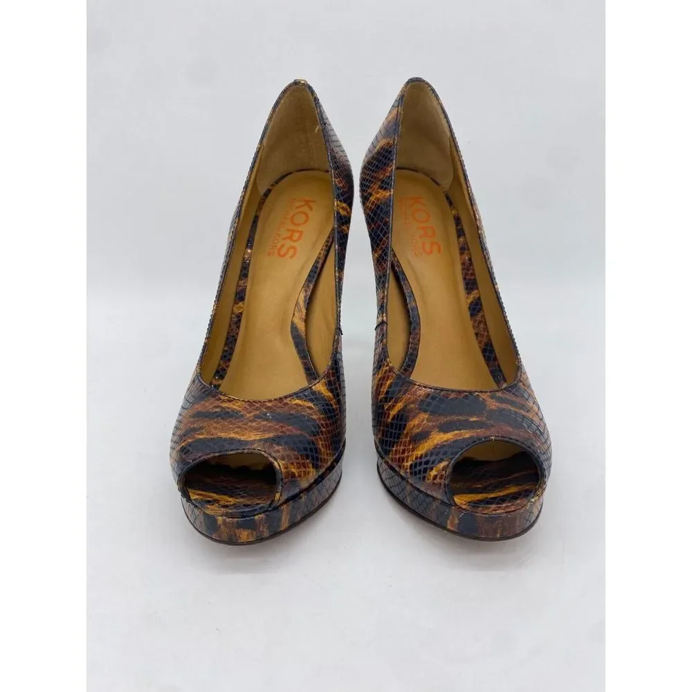 Kors By Michael Kors Shoes Womens 9M Brown Tiger Snake Print Peep Toe Pumps Heel - Picture 7 of 13